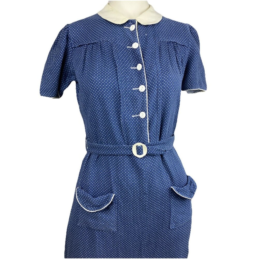 CUTE Vintage 30s Cotton Dots Pocket Day Dress 1930s Blue White Swiss
